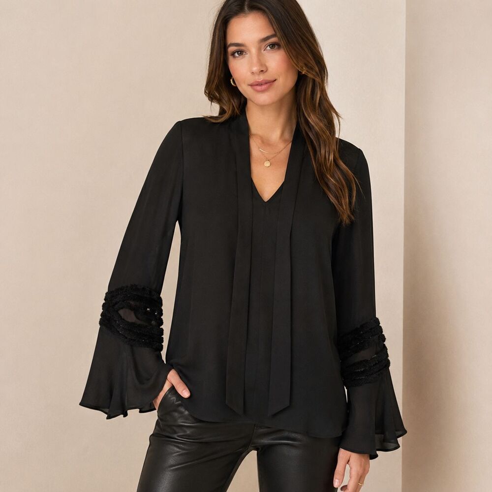 Kobi Halperin Silk Blouse Black Tie Neck Sheer Fringe Bell Sleeve Size M - Picture 9 of 9